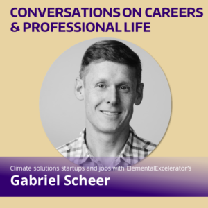 Round, black and white photo of Gabriel Scheer set on a beige background with a purple gradient stripe on the lower fifth with white writing, "climat solutions startups and jobs with Elemental Excerlerator's Gabriel Scheer"