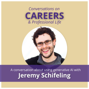 Podcast promotional thumbnail with round photo of Jeremy Schifeling. White text on a purple ribbon that says "A conversation about Generative AI with Jeremy Schifeling"