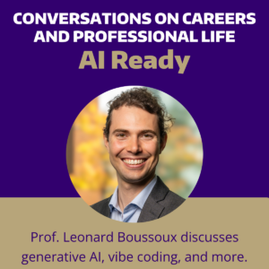 Episode promo image with circular headshot of Leo Boussioux. Text reads "Conversations on Careers and Professional Life: AI Ready"